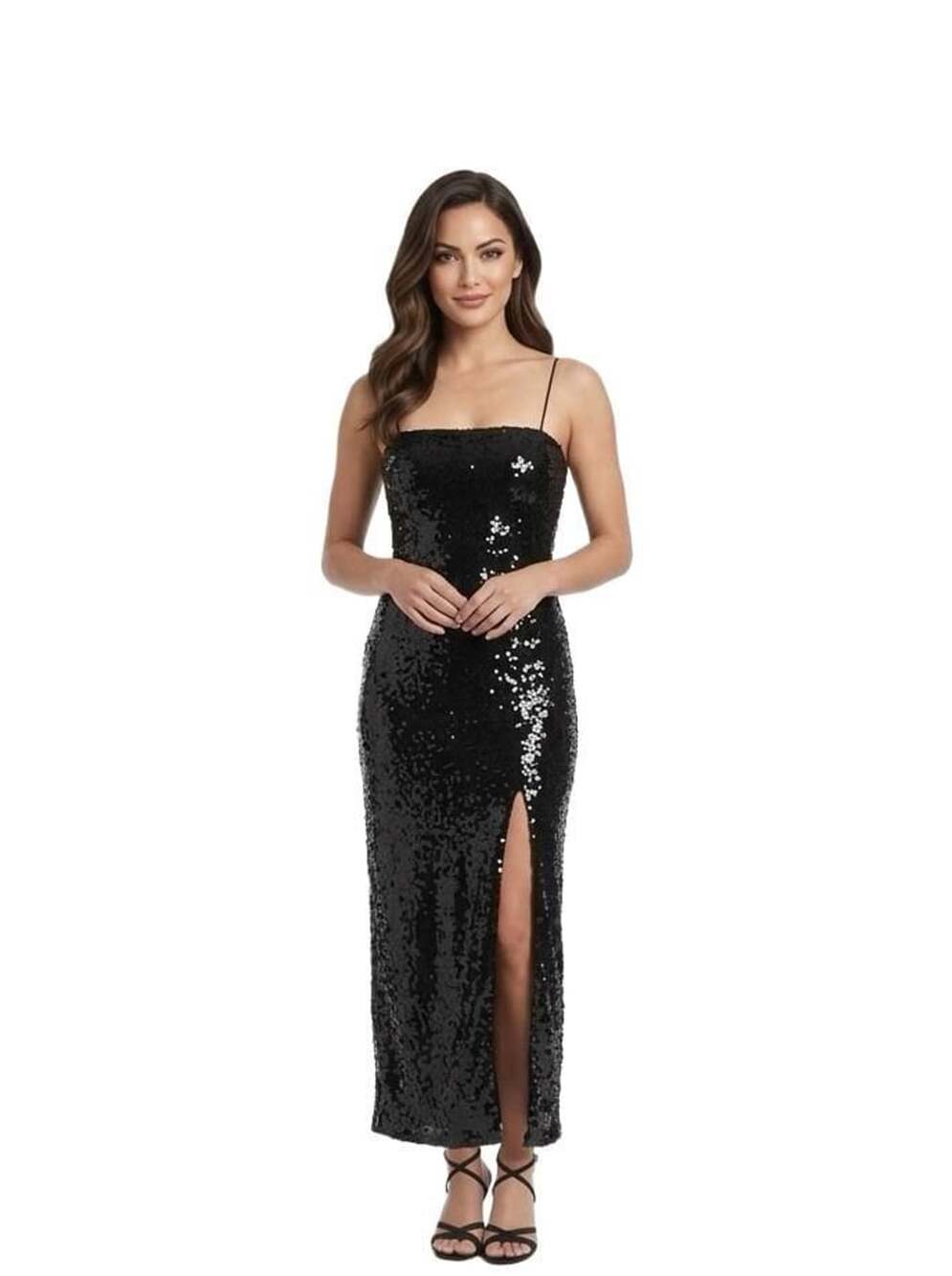 Sz 2 Antonio Melani Black Sequin Spaghetti Strap Maxi Dress with Side Slit